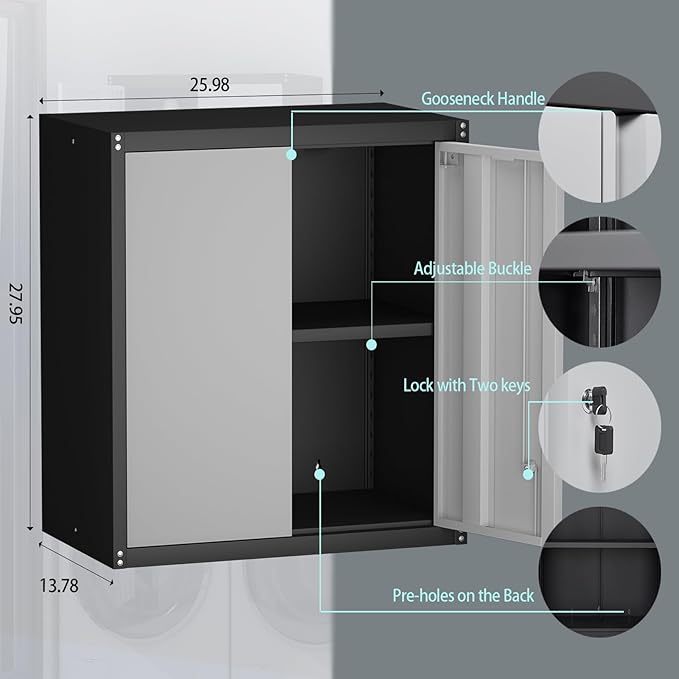 Garage Storage Cabinet,Garage Cabinets with 2 Doors.Locking Wall Cabinet with Adjustable Shelf,Wall Cabinets for Basement,Shop,School,Grey-Black