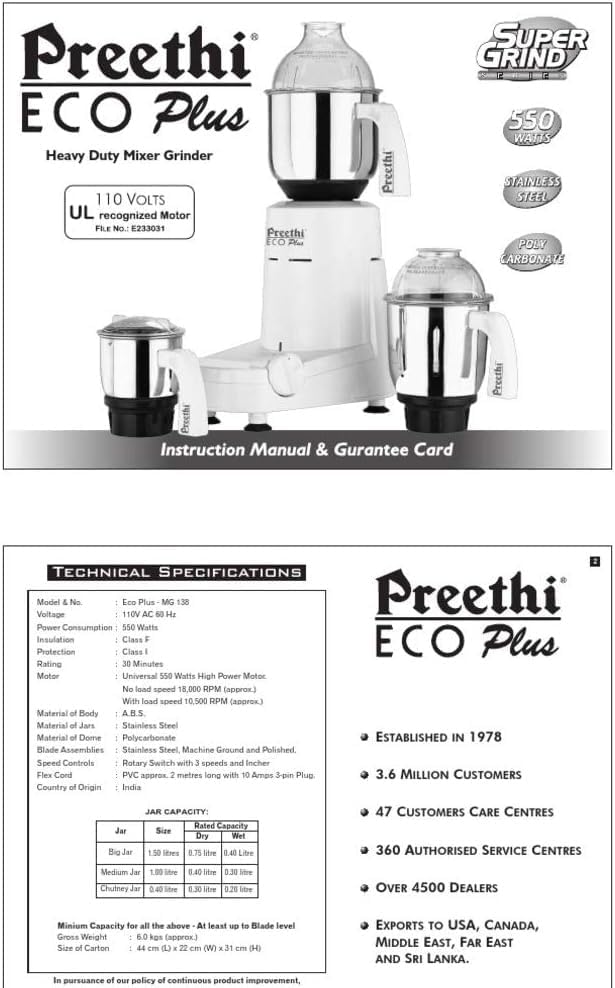 Preethi Eco Plus Mixer Grinder 110 Volts - Free Service Kit Included (3 Jar with Extra 1.75L Jar)