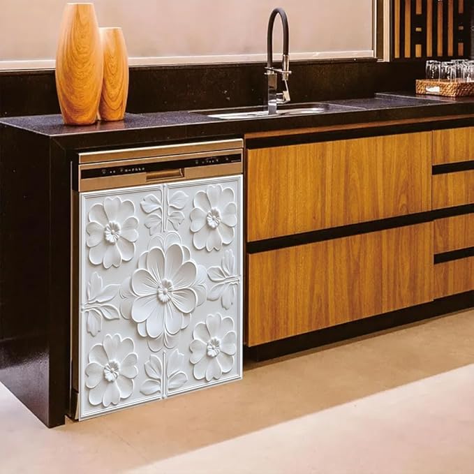 2D Flat White Floral Embossed Dishwasher Magnetic Cover 23 x 26 Inch Elegant 3DFlower Panel Magnet for Modern Kitchen Appliance Decor