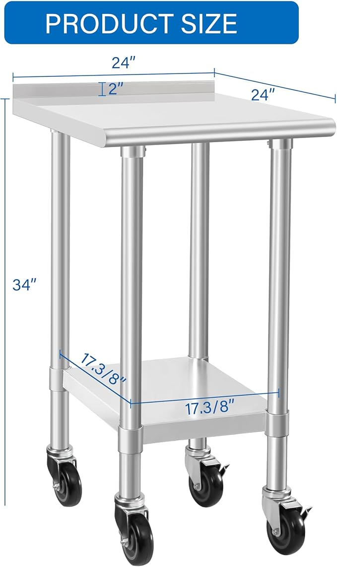 HARDURA Stainless Steel Commercial Work Table with Wheels Prep & Work Metal Table 24×24 Inches Heavy Duty NSF with Casters and 2" Backsplash