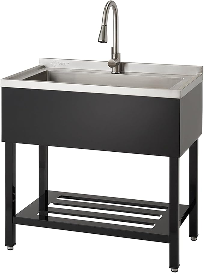 TRINITY THAPBK-0323 Stainless Steel Freestanding Single Bowl Utility Sink for Garage, Laundry Room, and Commercial Use, Includes Pull-Out Faucet, NSF, UPC and cUPC Certified, 36" x 20" x 49.2", Black