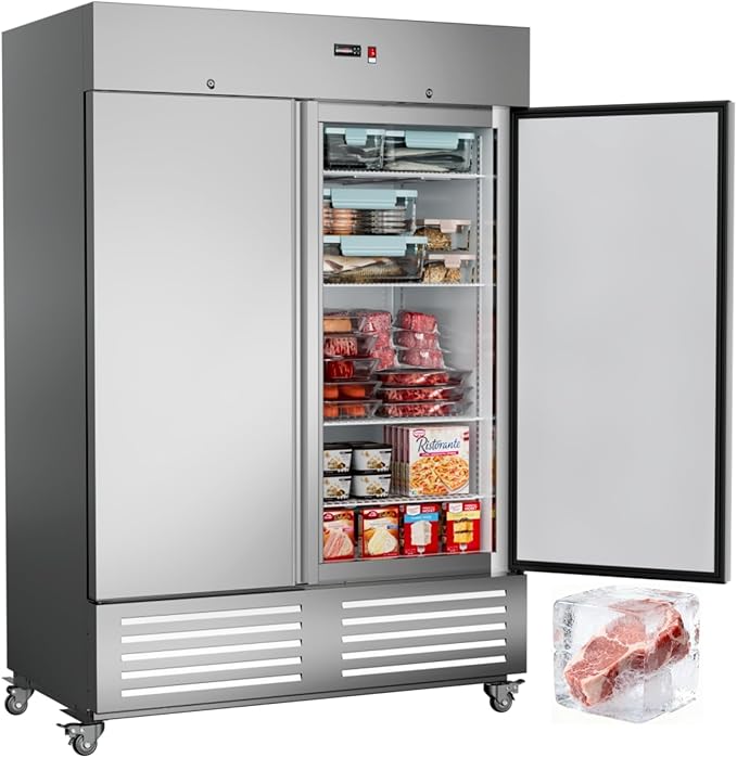 54"W 2 Door Commercial Freezer Stainless Steel 49 Cu.ft Freezers for Restaurant, Bar, Shop etc