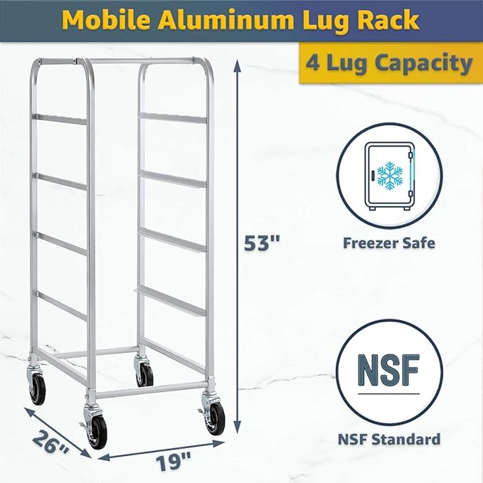 19"x26"x53" Mobile Aluminum Lug Rack with 4 Red Tote Boxes – NSF Heavy-Duty Commercial Storage Cart with 5" Swivel Casters, Portable Food Prep & Dishroom Utility Rack – Freezer Safe, 4 Lug Capacity