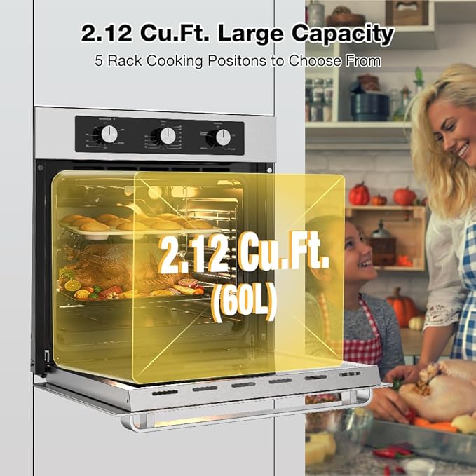 Thermomate 24" Gas Wall Oven, ETL Certified, 2.12 Cu.ft. Natural Gas with Bake Broil Rotisserie Functions, Timer and Convection Fan, 120V Cord Plug, Stainless Steel