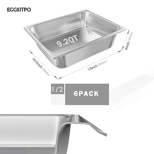 EGGKITPO 1/2 Hotel Pans Half Size 6-Pack 4 Inch Deep Silver Stainless Steel Steam Table Pan Tray for Food, Catering Pan for Cafeterias, Hotel and Restaurant
