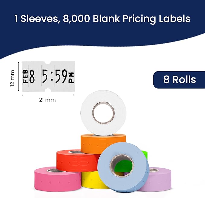 Perco 1 Line Multicolored Sleeve—8 Rolls, 1 Sleeve, 8,000 Labels for Perco Lite, X, Plus & Pro Guns—Includes White, Yellow, Blue, Lavender & Fluorescent Colors (Red, Green, Pink, Orange)—Made in USA