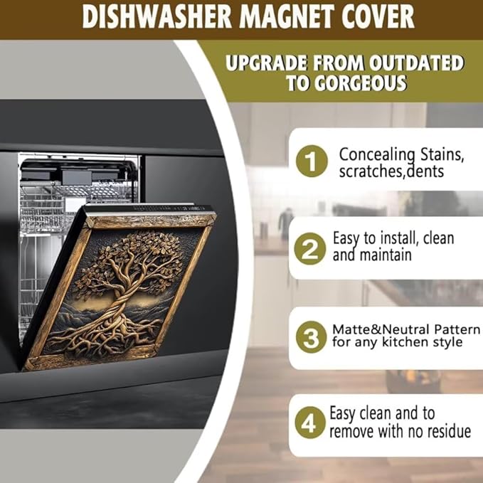 Vintage Wooden Tree of Life Magnetic Dishwasher Cover Vinyl Sticker, Farm Tree Dishwasher Magnet Cover,Rustic Fridge Barn Wood Door Cover Magnets Art Skin Panel Decal for Home Decor, 23"X26"