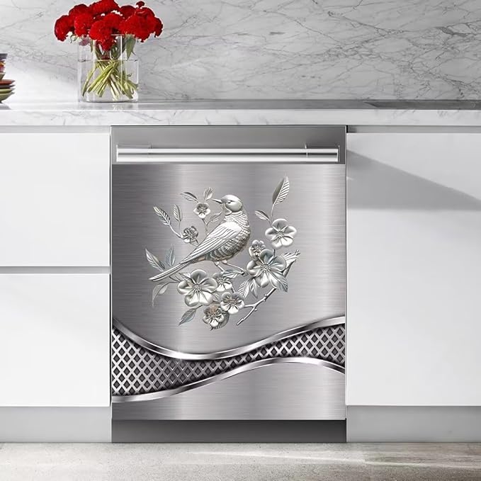 Imitation Stainless Steel Design Bird Painting Kitchen Decorative Dishwasher Cover Magnet Sticker,Fridge Panel Door,Refrigerator Decal Home Decor 23x26inch