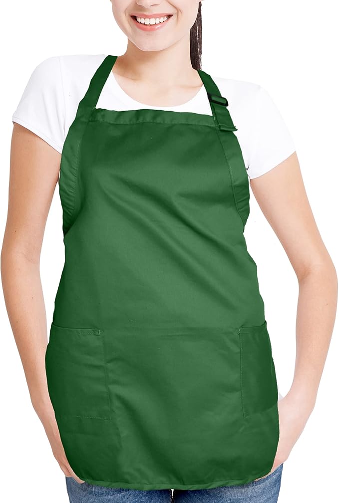 Apron Commercial Restaurant Home Bib Spun Poly Cotton Kitchen Aprons (2 Pockets) in Dark Green 12 Pack