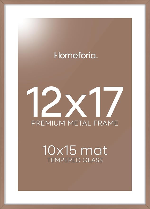 Homeforia 12x17 Picture Frame Mocha, High End Metal 12x17 Poster Frames with Mat 10x15 for Photo, 12 x 17 Mocha Frame Matted to 10 x 15 inch Print, 17x12 Thin Frame, Tempered Glass, Wall Kit, Set of 1