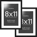 Homeforia 8x11 Black Picture Frame, High End Oak 8 x 11 Wood Frames with Mat 6 by 9 Print, 8by11 Wooden Frame Matted to 6x9 inch Photo, 11x8 Wall or Tabletop Frames, Tempered Glass, Wall Kit, Set of 2