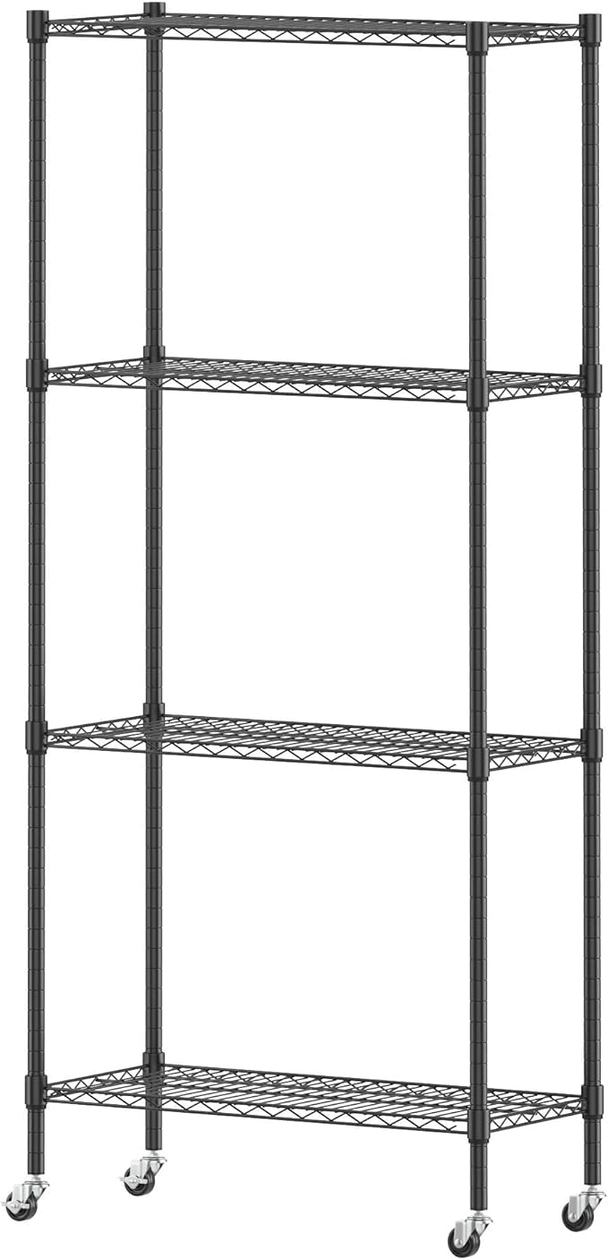 Homdox Heavy Duty 4-Tier Metal Shelving Unit with Adjustable Shelves, Rolling Storage Rack for Kitchen, Garage, Pantry, 29.92"x13.98"x74.41", Black