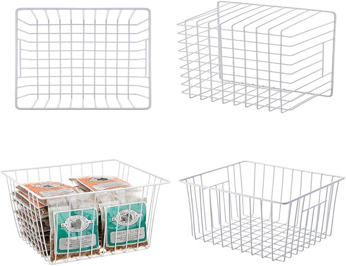Freezer Baskets Storage Organizer, Refrigerator Metal Wire Basket bins, Household Bins with Built-in Handles for Kitchen Cabinets, Freezer, Pantry, Closets, Bathrooms, 4 Packs