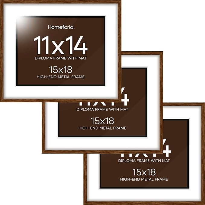 Homeforia 15x18 Diploma Brown Frame, High End Dark Oak 15by18 Certificate Wood Frames with Mat 11x14, 15 x 18 Walnut Wooden Document Frame, Graduation Degree Frames, Tempered Glass, Wall Kit, Set of 3
