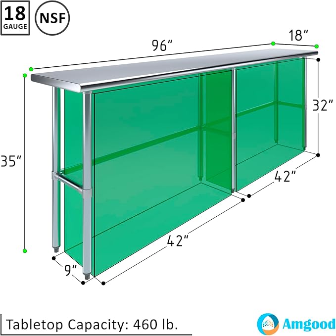 AmGood Stainless Steel Work Table Open Base | NSF Kitchen Island Food Prep | Laundry Garage Utility Bench (96" Long X 18" Deep)