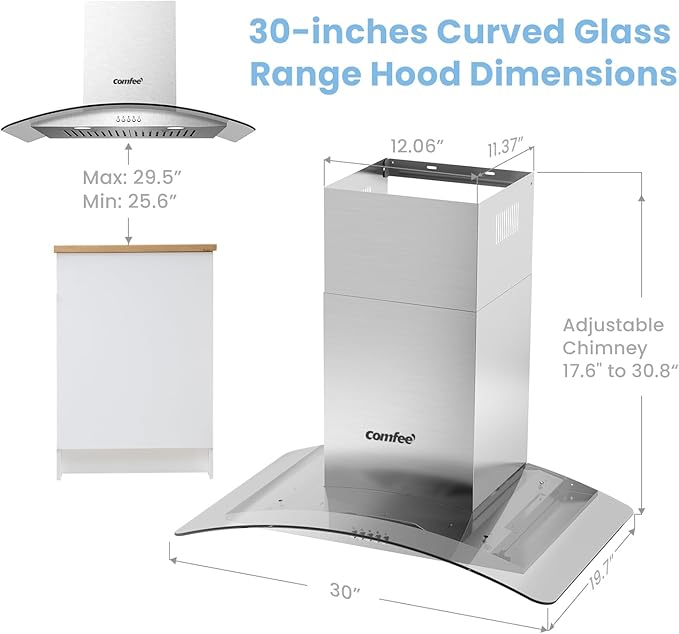 COMFEE' CVG30W8AST 30 Inches Ducted Wall Mount Vent Range Hood with 450 CFM 3 Speed Exhaust Fan, Baffle Filters, Curved Glass, 2 LED Lights, Convertible to Ductless, Stainless Steel