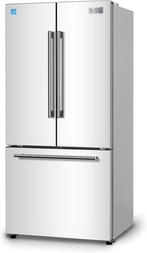 BLACK+DECKER 18 Cu. Ft. French Door Refrigerator with Built-in Ice Maker, Full Size Refrigerator with Bottom Mount Freezer Drawer, Frost Free, ENERGY STAR certified, BRF1800GIMW, White
