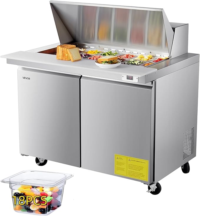 VEVOR 48"W Commercial Refrigerator, 12.5 Cu. Ft Sandwich Prep Refrigerated Table, Mega Top Food Prep Fridge with 18 Pans and Cutting Board, Stainless Steel Salad Prep Cooler for Restaurant, Food Truck