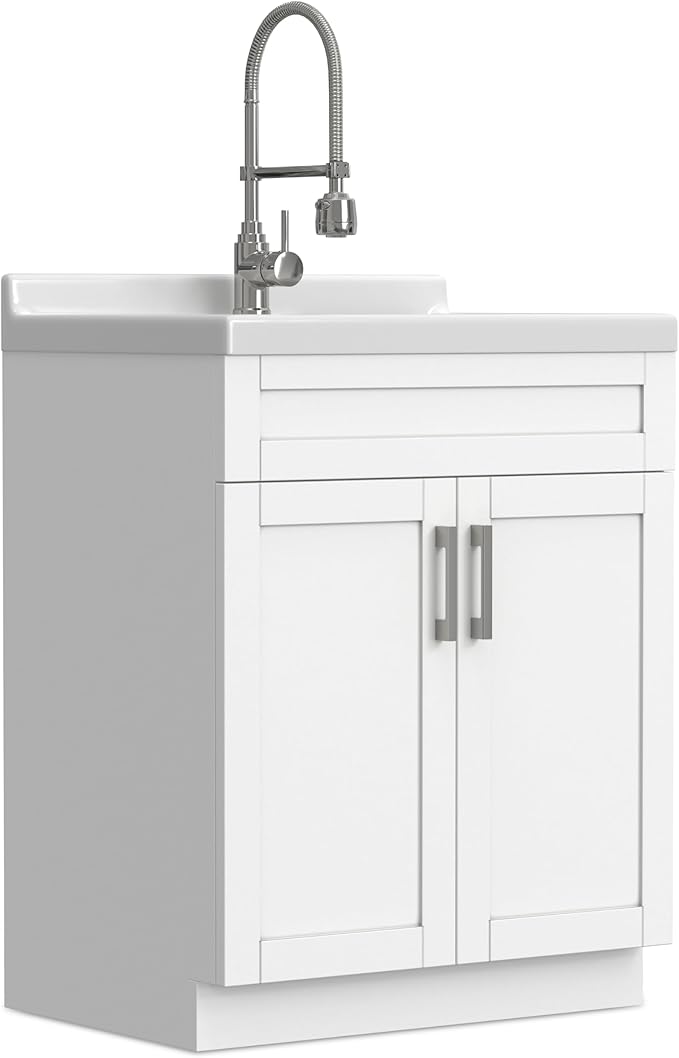 SIMPLIHOME Hennessy All-in-One 28 inch Wide Utility Sink and Laundry Cabinet in Pure White Finish, Transitional ABS Sink Cabinet for Laundry Rooms with High-Arch Chrome Faucet and Pull-Out Spray