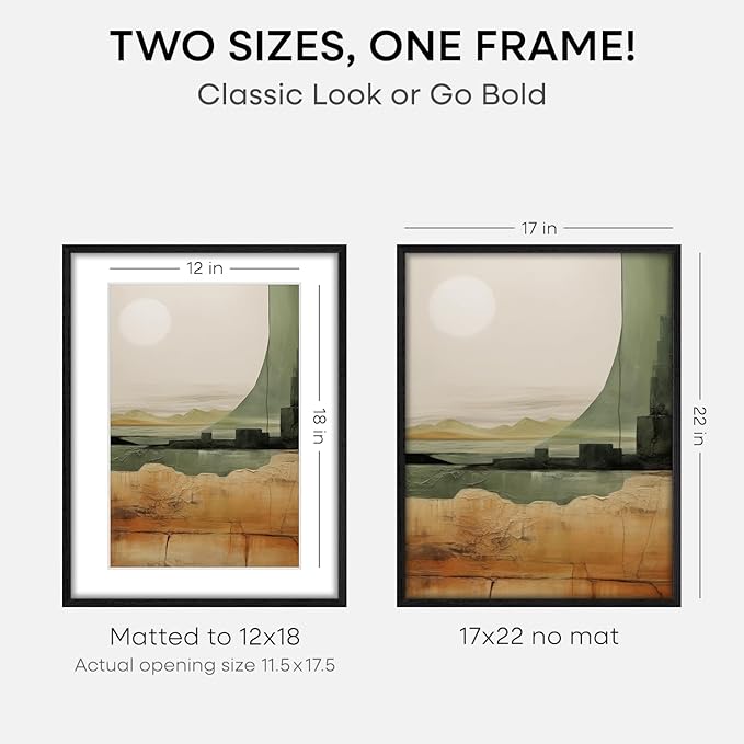 Homeforia 17x22 Picture Frame Black Wood, High End Oak 17x22 Poster Frames with Mat 12x18 Photo, 17 x 22 Wooden Frame Matted to 12 by 18 Print, 22x17 Hanging Frames, Tempered Glass, Wall Kit, Set of 1