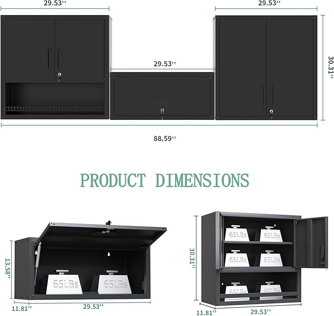 Metal Tool Cabinet,Garage Storage Cabinet System,Wall Cabinet & Locking Rolling Tool Cabinet with Doors and Adjustable Shelves,Steel Tool Cabinets for Home (3 Pcs-StyleA, Black)