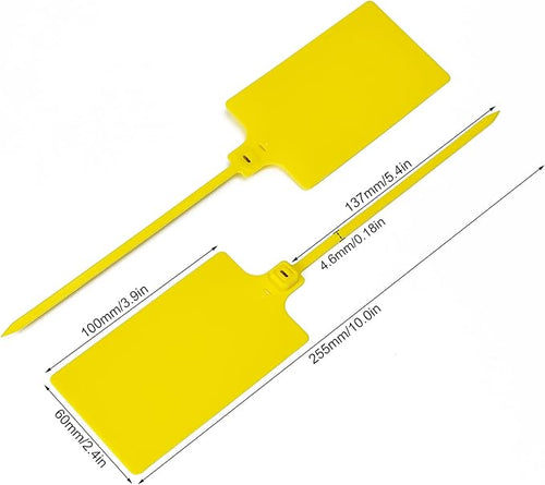100 Yellow Plastic Writable Shipping Tags - Large, Waterproof, Hanging Labels with One Permanent Marker Pen