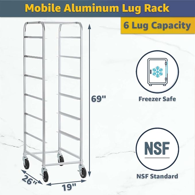 19"x26"x69" Mobile Aluminum Lug Rack with 6 Blue Meat Lugs/Tote Boxes - NSF Heavy-Duty Commercial Portable Storage Cart with 5" Casters, 400 lb., Food Prep and Dishroom Durable Utility Rack