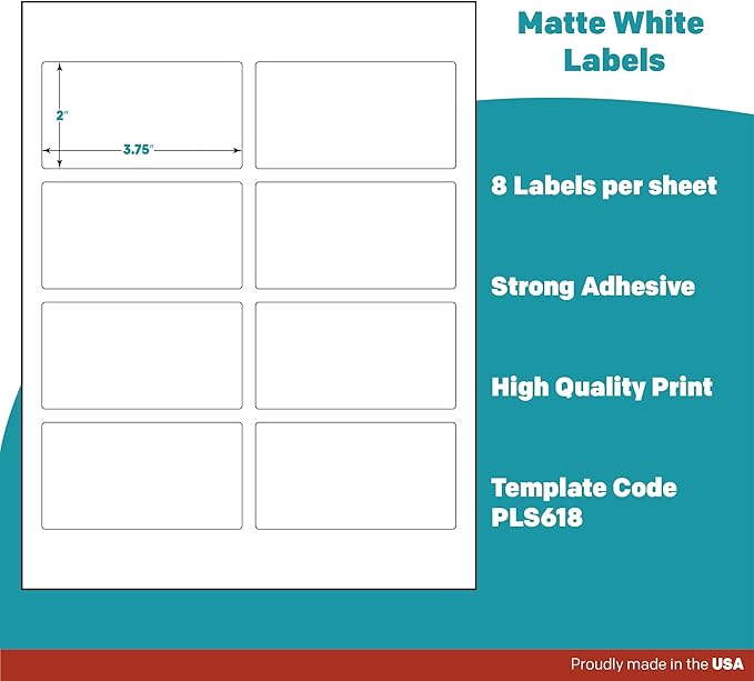Premium Label Supply White Sticker Mailing Labels – 3.75" x 2" – Laser/Inkjet Compatible – (8 per Sheet), 100 Sheets – 800 Total Adhesive Labels