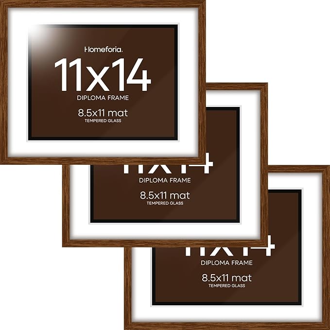 Homeforia 11x14 Diploma Frame Brown Wood, High End Dark Oak 11 x 14 Certificate Frames with Mat 8.5x11, 14x11 Document Matted Frame, Walnut Wooden Graduation Frames, Tempered Glass, Wall Kit, Set of 3