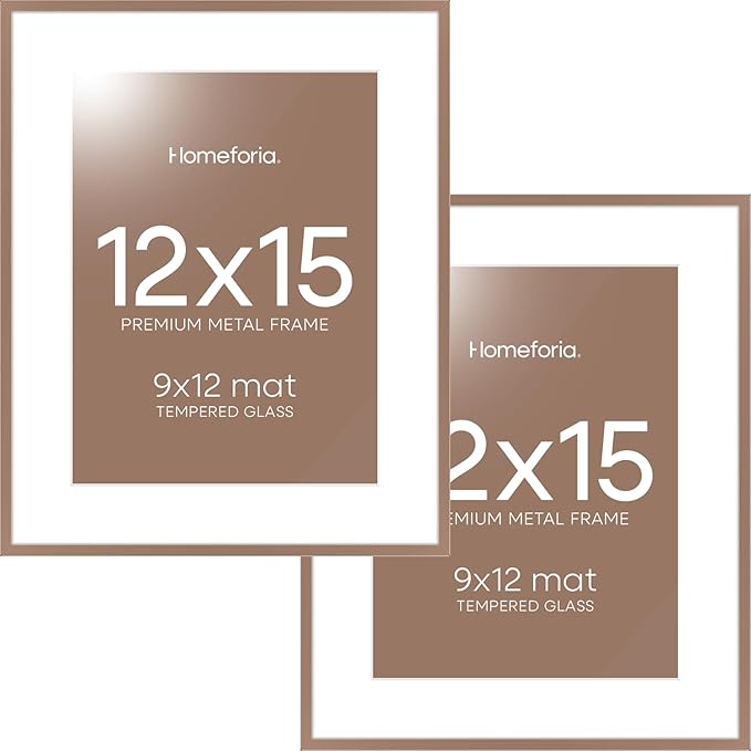 Homeforia 12x15 Picture Frame Mocha, High End Metal 12x15 Poster Frames with Mat 9x12 for Photo, 12 x 15 Mocha Frame Matted to 9 by 12 Print, 15x12 Thin Hanging Frame, Tempered Glass, Wall Kit, Set of 2
