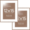 Homeforia 12x15 Picture Frame Mocha, High End Metal 12x15 Poster Frames with Mat 9x12 for Photo, 12 x 15 Mocha Frame Matted to 9 by 12 Print, 15x12 Thin Hanging Frame, Tempered Glass, Wall Kit, Set of 2