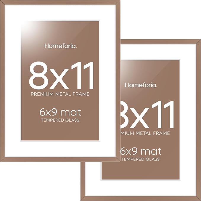 Homeforia 8x11 Picture Frame Mocha, High End Metal 8 x 11 Poster Frames with Mat 6 by 9 for Photo, 11x8 Frame Matted to 6x9 inch Print, 8by11 Wall or Tabletop Frames, Tempered Glass, Wall Kit, Set of 2