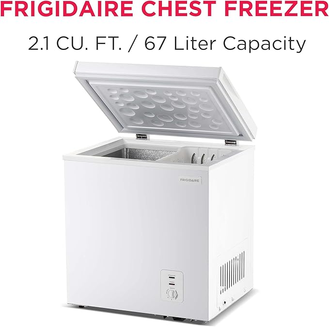 Frigidaire Chest Deep Freezer, 2.0 Cu. Ft. Capacity, Adjustable Thermostat-Removable Vinyl Coated Wire Basket-Easy Defrost Drain- Garage Ready- Pearl White