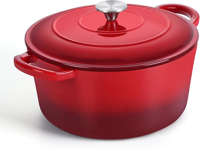 TeamFar Enameled Cast Iron Dutch Oven, 6 Quart Pot with Lid & Dual Handles - Heavy Duty Cookware Oven Safe up to 500° F for Bread Baking, Stews, Braising, Roasting - Red