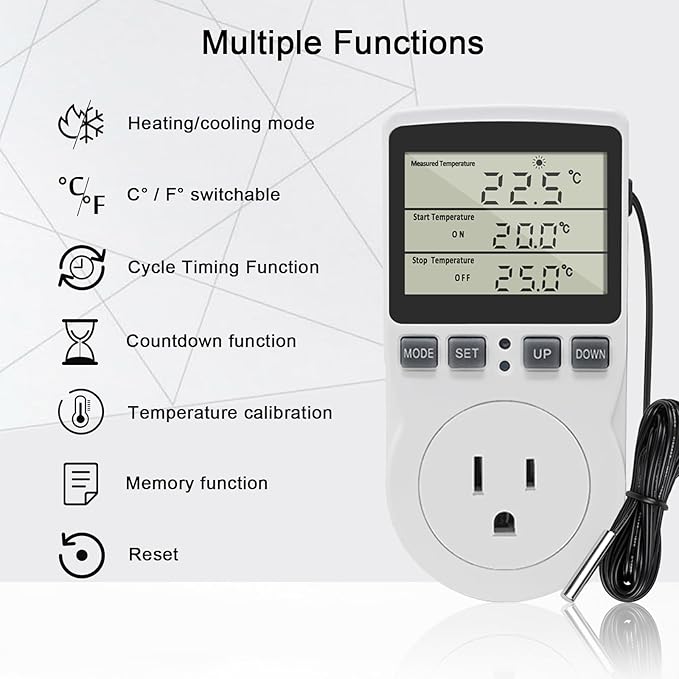 KETOTEK Digital Thermostat Outlet Plug Temperature Controller Outlet Socket 120V Heating Cooling Control 110V 15A Celsius Fahrenheit Display White