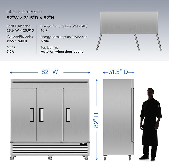 Coolake 82" Commercial Reach-in Freezer 3 Solid Doors, 72 Cu.ft Stainless Steel Fan Cooling Upright Freezer 12 Adjustable Shelves, Commercial Freezer for Restaurant Kitchen Grocery Store Prep Area