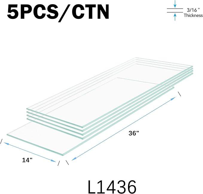 Floating Shelves - Pack of 5 Tempered Glass Shelves, 14" W x 36" L, 3/16" Thick, Polished Edges-– Rectangular Replacement Shelves for Cabinets, Display Cases & Retail Fixtures