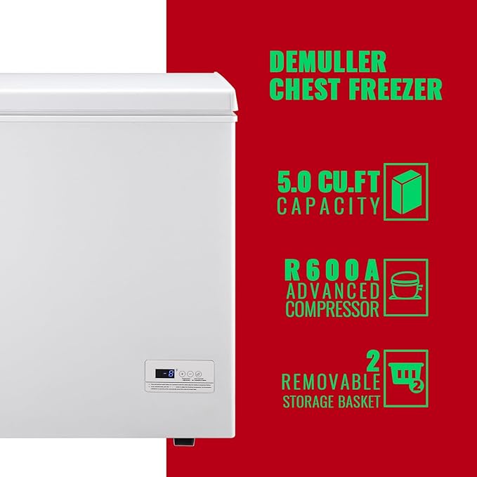 Chest Freezer 5.0 Cubic Feet Freezers with Temperature Display Panel Small Deep Freezer 2 Removable Basket Top Open Door Freezer Ideal for Apartment Office Dorm White