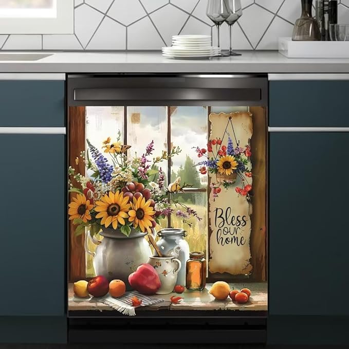 Country Rustic Window Sunflower Dishwasher Magnet Cover,23" x 17" Dishwasher Cover,Bless Our Home Magnetic Decal Vinyl Sticker Kitchen Decor Refrigerator Magnets Self Adhesive Wrap