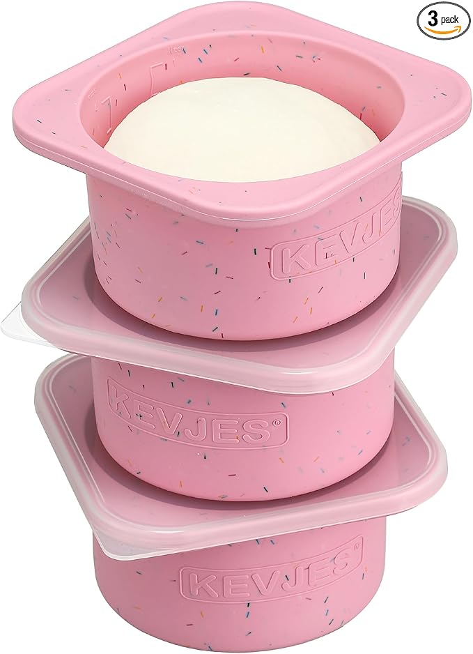 PLUS 1000ml Pizza Dough Proofing Containers for DIY family Artisan Pizza, Food Grade Silicone Stackable Boxes with Lids, Freezer, Fridge, Dishwasher Safe-Sprinkles Pattern-3 Pack (Cotton Candy)