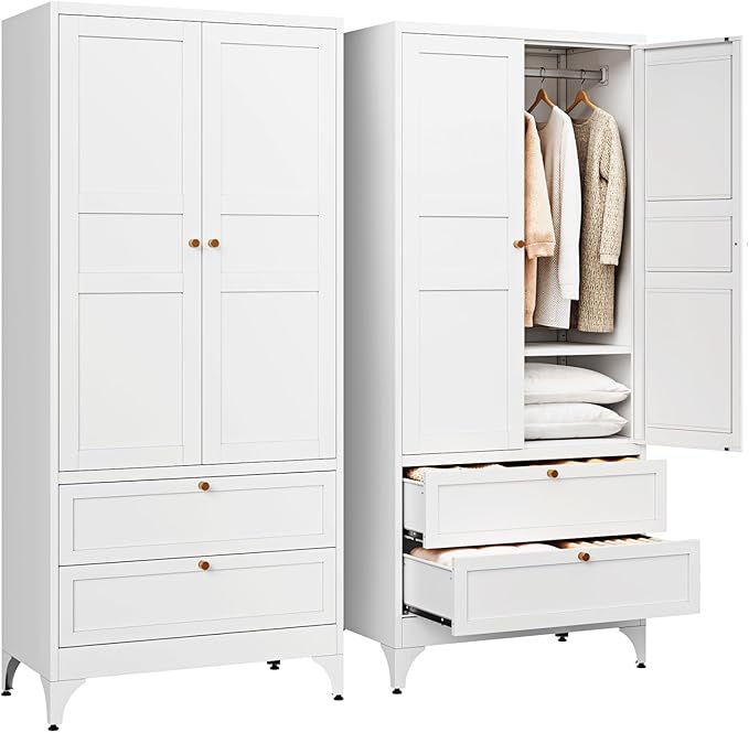 Letaya Metal Wardrobe Cabinets with 2 Drawers,71"Tall Armoire Wardrobe Closet with Doors and Shelves,Large Coat Closet Cabinet with Hanging Rod,Clothing Storage Cabinets for Bedroom,Home Office,White