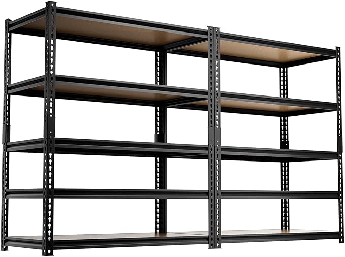5-Tier Heavy-Duty Shelving 2500LBS Capacity Per Unit Adjustable Metal Garage Storage Rack 40”W X 19.7”D X 71”H Metal Shelving Storage Rack Includes Matte Polypropylene Spacers (Black) 2 Pack