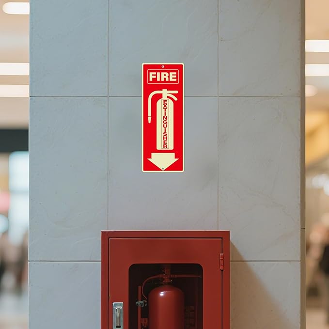 3 Pack Fire Extinguisher Signs 10 × 4 Inches Glow in the Dark Aluminum Sign Waterproof UV Protected Fade Resistance Signage for Home Office Business