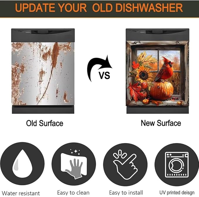 Dishwasher Magnetic Cover, Cardinal Bird Dishwasher Magnet Kitchen Decor, Pumpkin Dishwasher Cover Magnetic Refrigerator Sticker Holiday Decal, 26"x17"