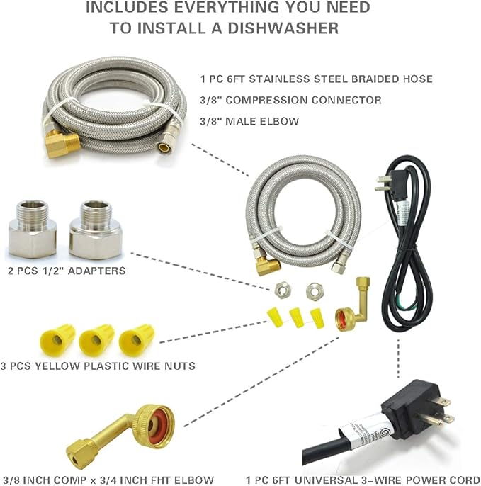 Universal Dishwasher Installation Kit,6 Ft Stainless Steel Dishwasher Hose,Burst Proof Water Supply Line with 3/8" Compression Connections