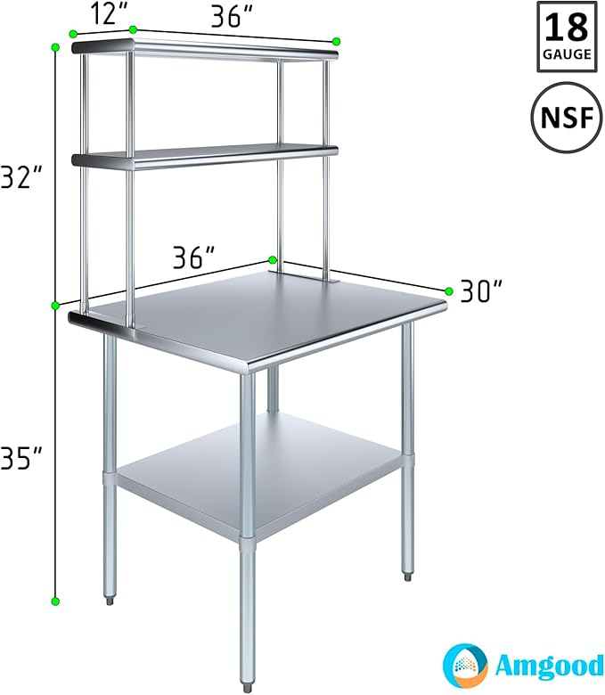 Amgood Stainless Steel Work Table Double Tier Overshelf 30" x 36" Work Table + 12" Overshelf