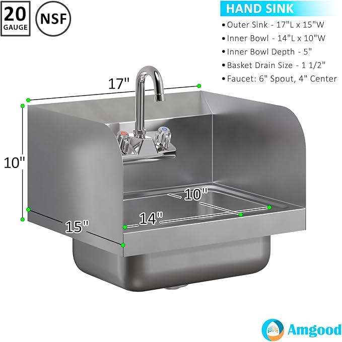 AmGood Stainless Steel Wall Mount Hand Sink | NSF | Commercial Hand Washing Basin For Restaurant, Kitchen and Home (17" x 15" with Sidesplash)