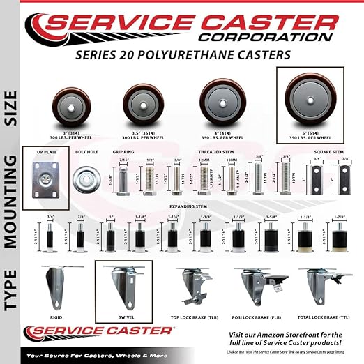 Service Caster Brand Replacement Caster for Uline Caster H-5540S-Swivel Top Plate Caster with 5 Inch Maroon Polyurethane Wheel-Light Duty Replacement Caster-Fit Cart, Dollies and Poly Box Truck H-3840