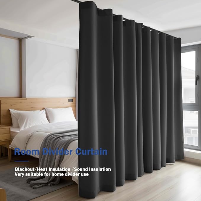 Room Divider Blackout Curtain Track Curtains Wall Dividers Panels Screen for Living Rooms Bedroom Office Privacy Partition Separation, W120 × L108 Inch,1 Panel, Black