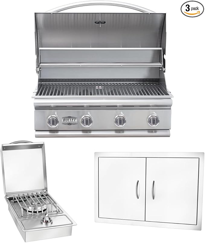 Bullet by Bull Stainless Steel Outdoor Kitchen Grill Set - Built-In Natural Gas Grill, Perfect for Entertaining -BBQ Kitchen Isl& Bundle - Includes 4 Burner Grill, Double Access Door & Side Burner
